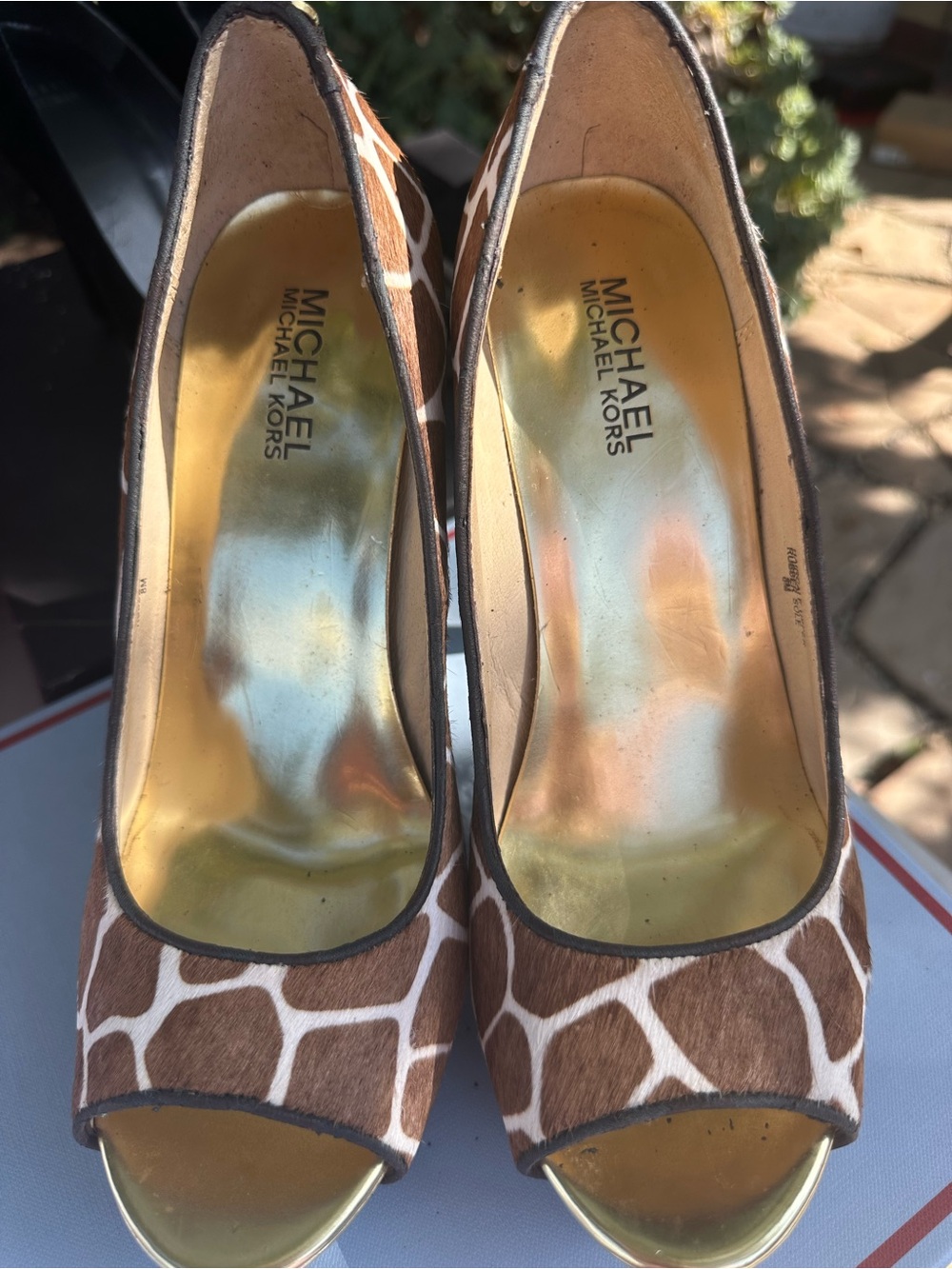 MICHAEL Michael Kors Brown and White Giraffe-Print Peep-Toe Heels